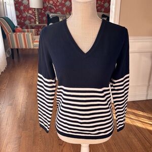 Tommy‎ Hilfiger women’s small Navy White Striped V-Neck Sweater red elbow patch